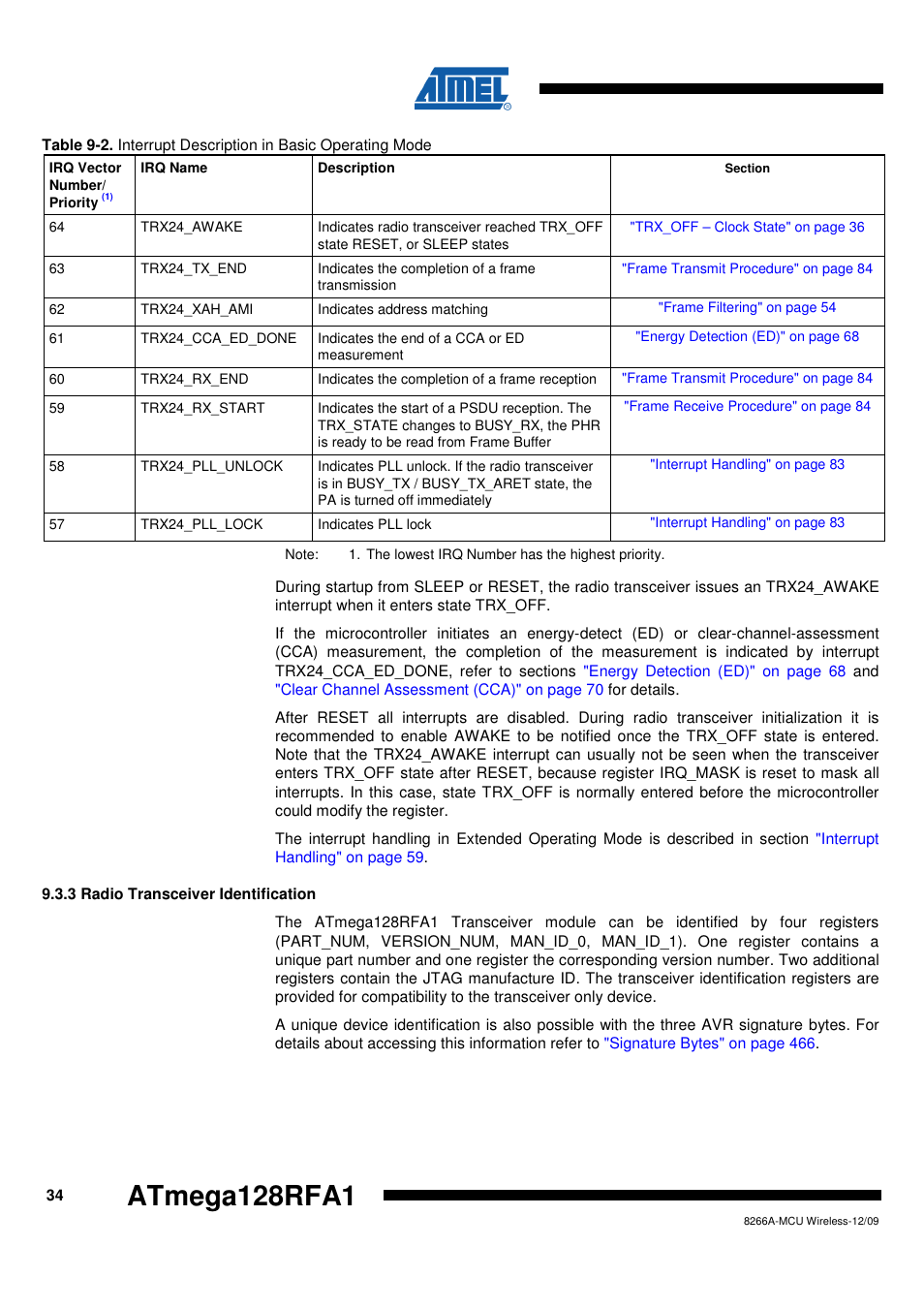 3 radio transceiver identification, Table 9-2 on, Atmega128rfa1 | Rainbow Electronics ATmega128RFA1 User Manual | Page 34 / 524