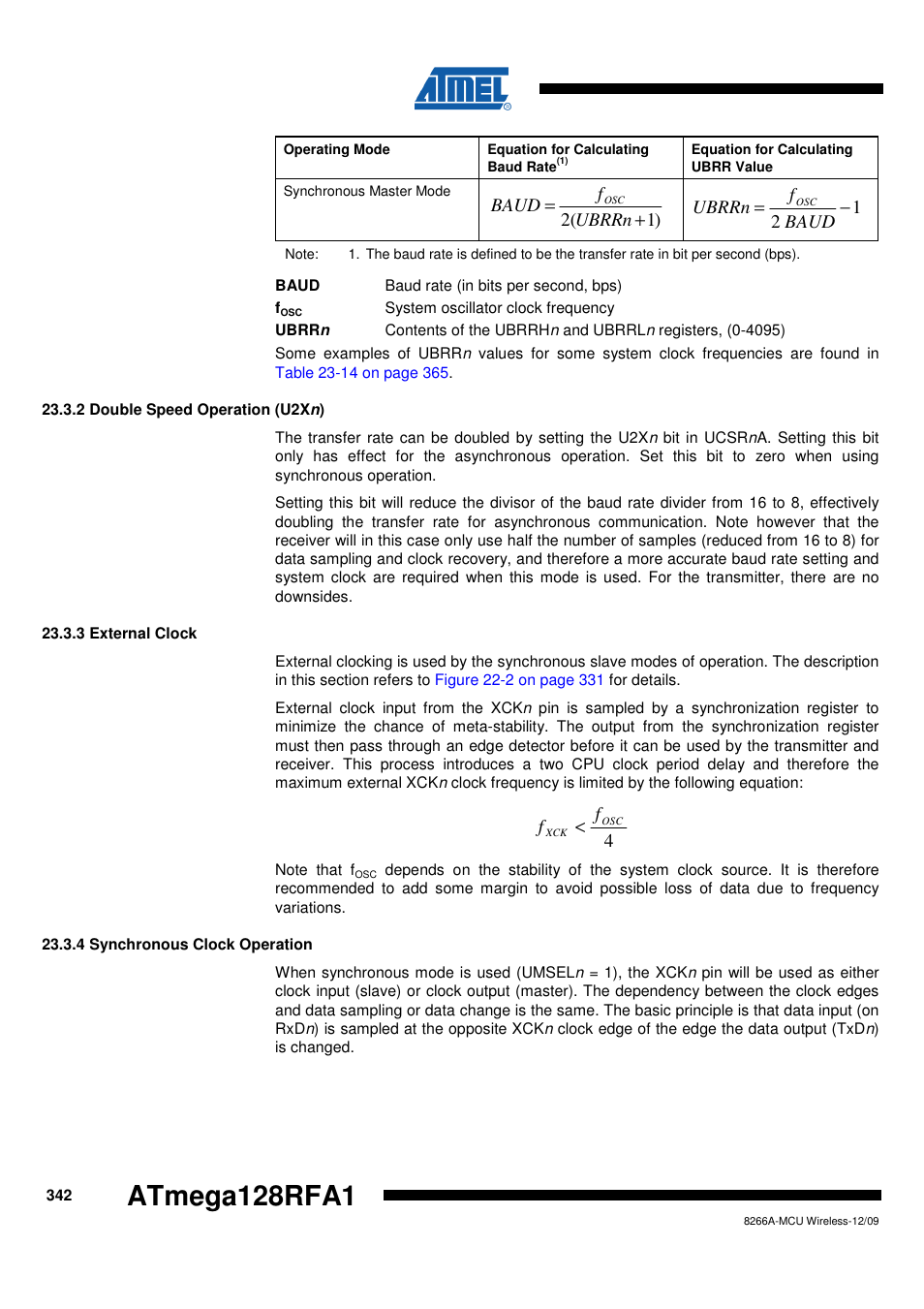 2 double speed operation (u2xn), 3 external clock, 4 synchronous clock operation | Atmega128rfa1 | Rainbow Electronics ATmega128RFA1 User Manual | Page 342 / 524