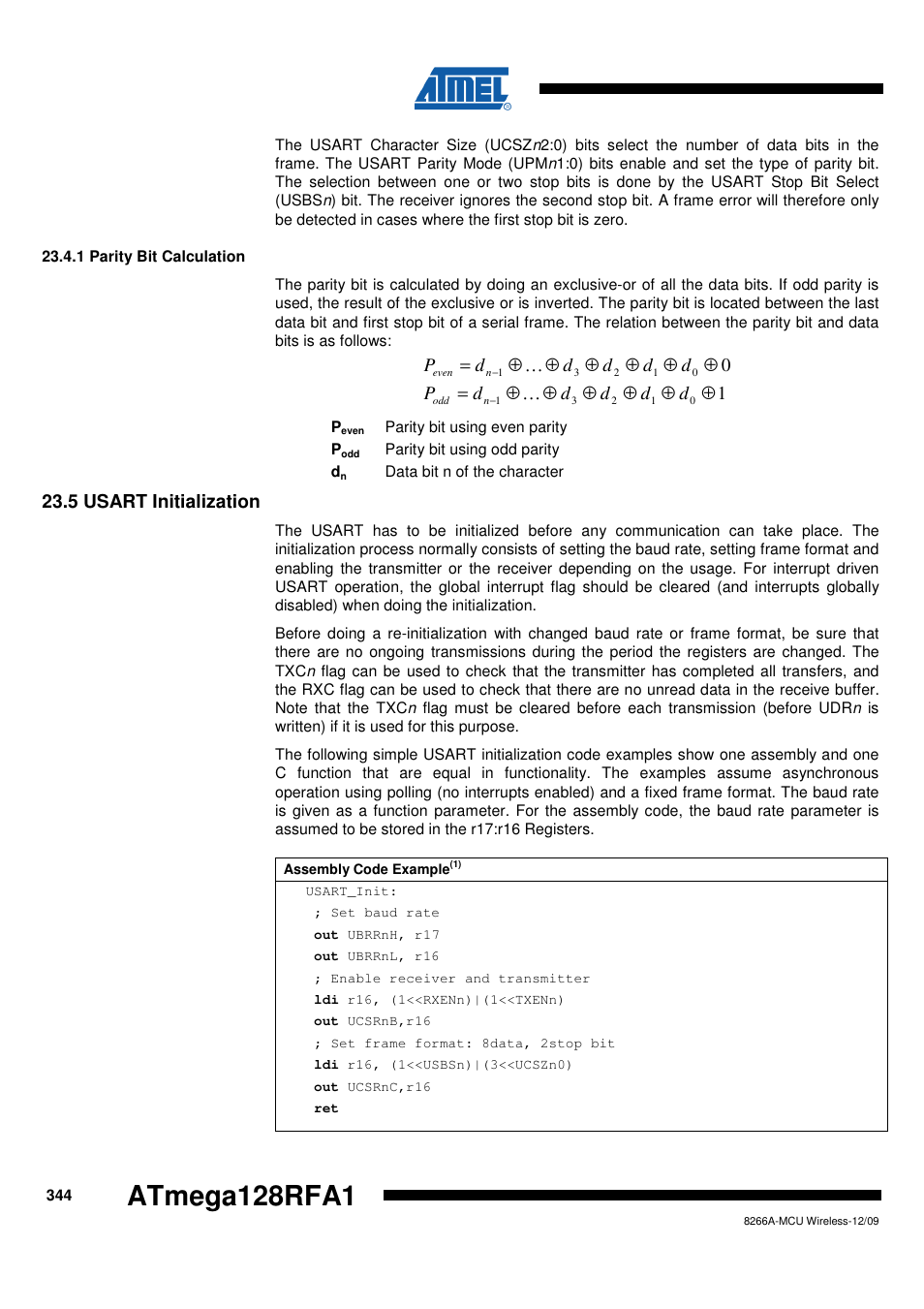 1 parity bit calculation, 5 usart initialization, Atmega128rfa1 | Rainbow Electronics ATmega128RFA1 User Manual | Page 344 / 524