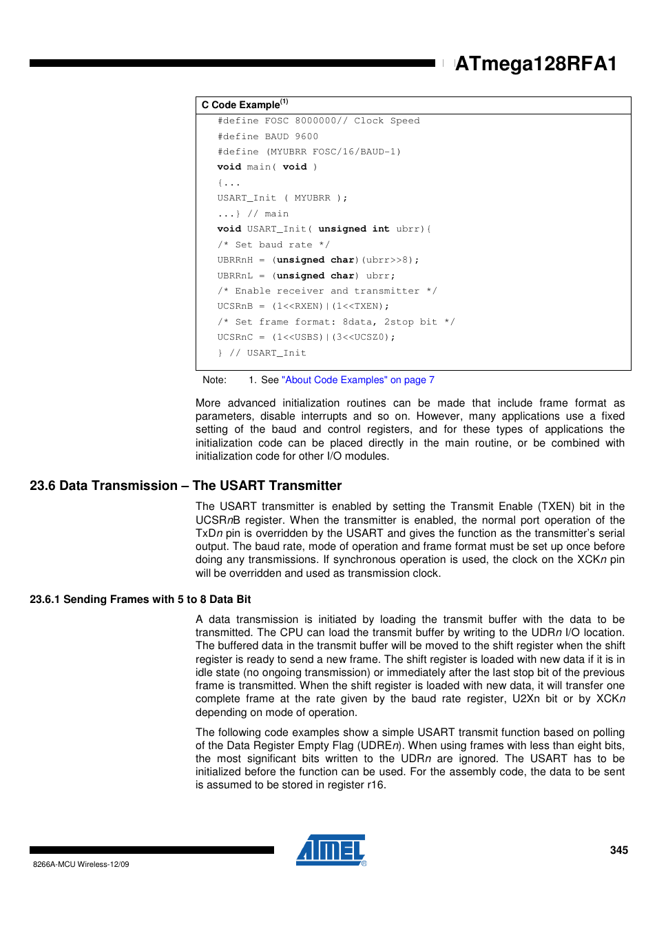 6 data transmission - the usart transmitter, 1 sending frames with 5 to 8 data bit | Rainbow Electronics ATmega128RFA1 User Manual | Page 345 / 524
