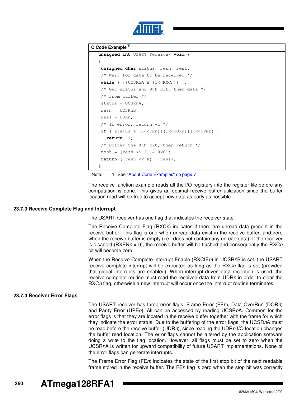 3 receive complete flag and interrupt, 4 receiver error flags | Rainbow Electronics ATmega128RFA1 User Manual | Page 350 / 524