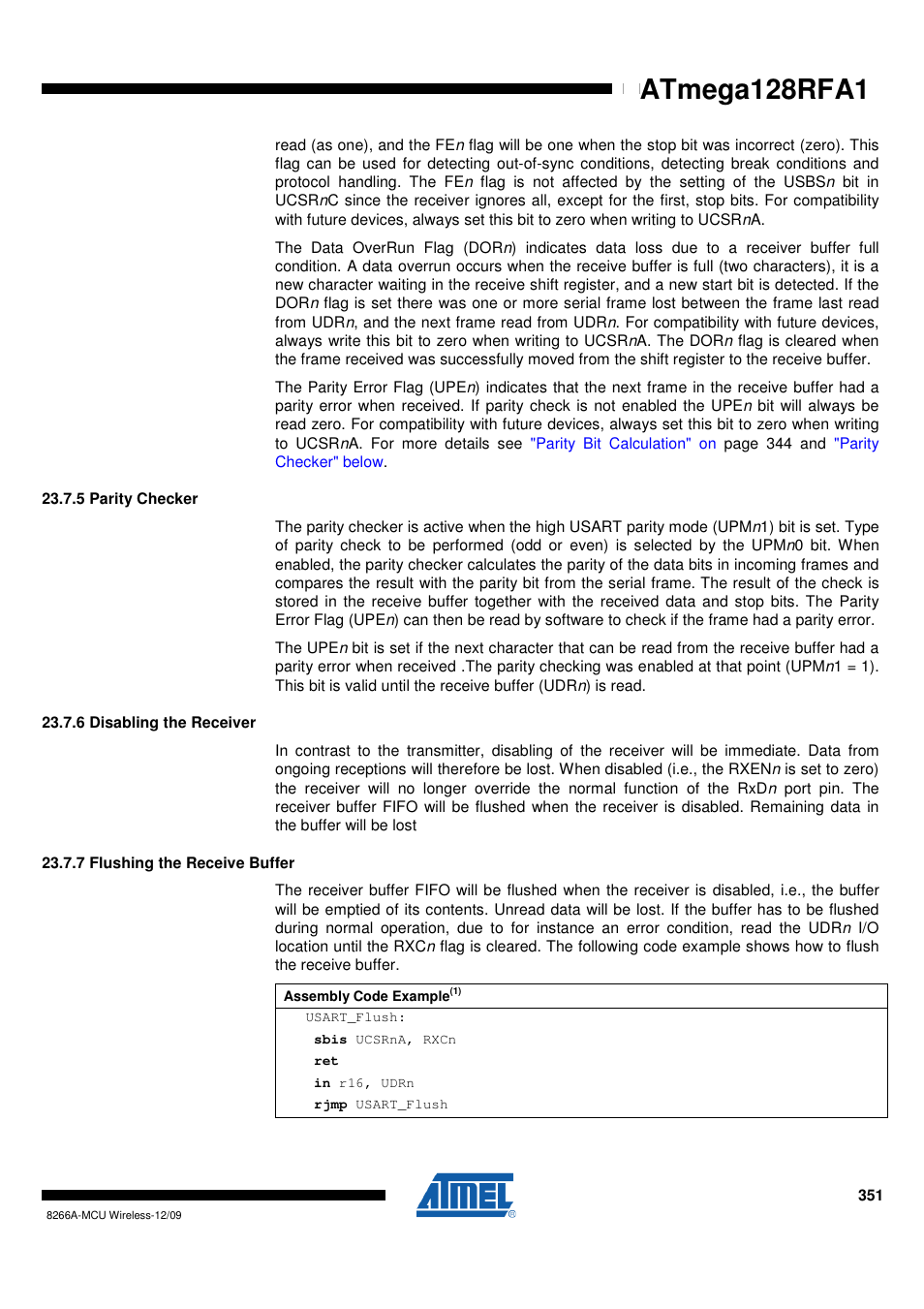 5 parity checker, 6 disabling the receiver, 7 flushing the receive buffer | Rainbow Electronics ATmega128RFA1 User Manual | Page 351 / 524