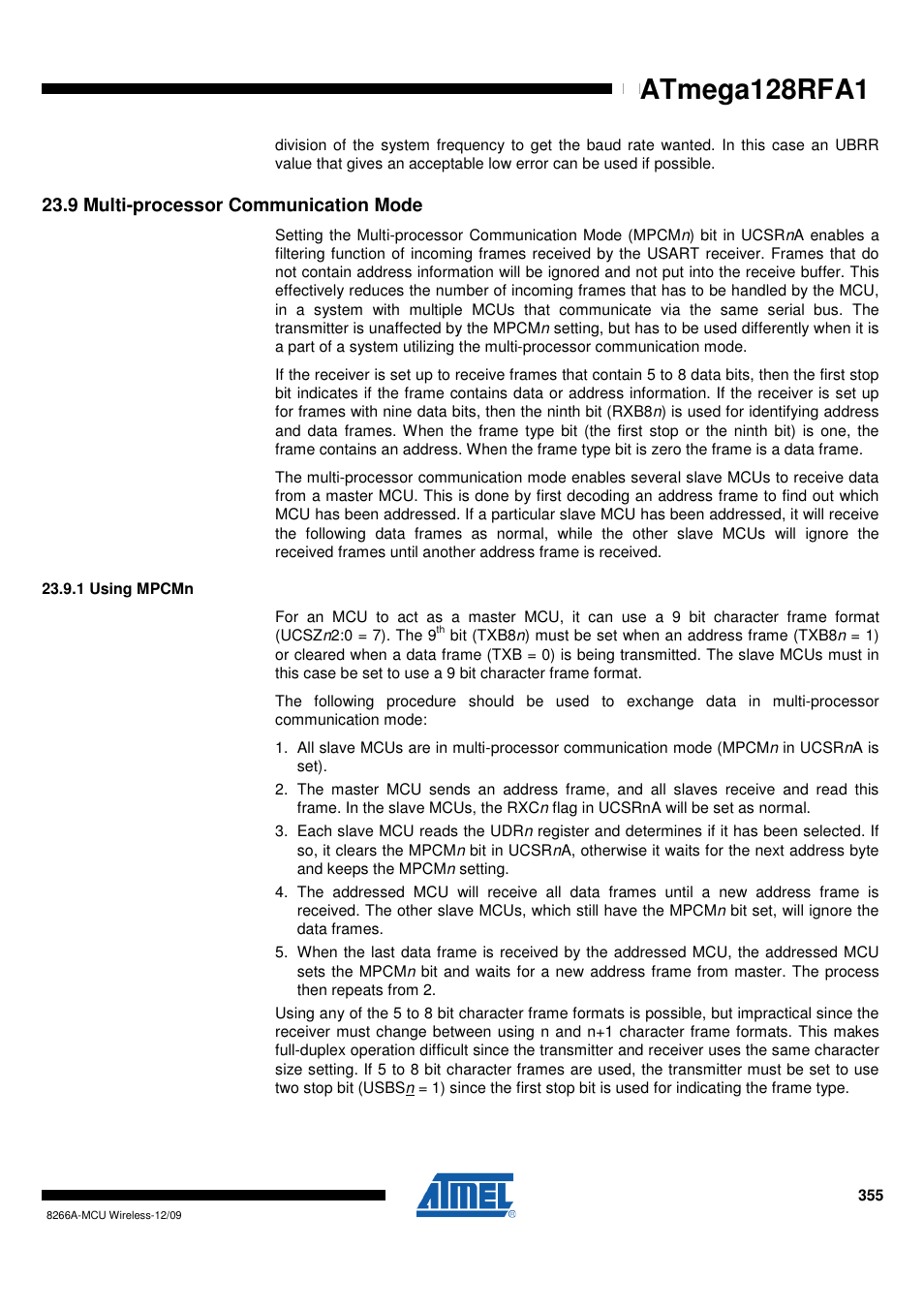 9 multi-processor communication mode, 1 using mpcmn | Rainbow Electronics ATmega128RFA1 User Manual | Page 355 / 524