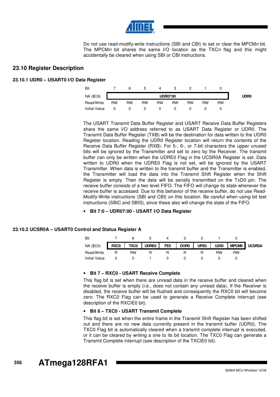 10 register description, 1 udr0 - usart0 i/o data register, 2 ucsr0a - usart0 control and status register a | Atmega128rfa1 | Rainbow Electronics ATmega128RFA1 User Manual | Page 356 / 524