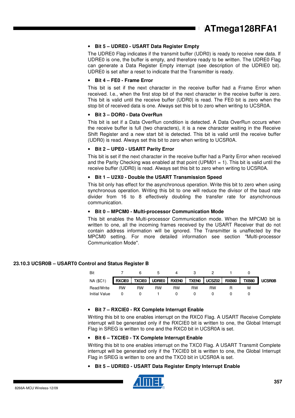 3 ucsr0b - usart0 control and status register b, Atmega128rfa1 | Rainbow Electronics ATmega128RFA1 User Manual | Page 357 / 524