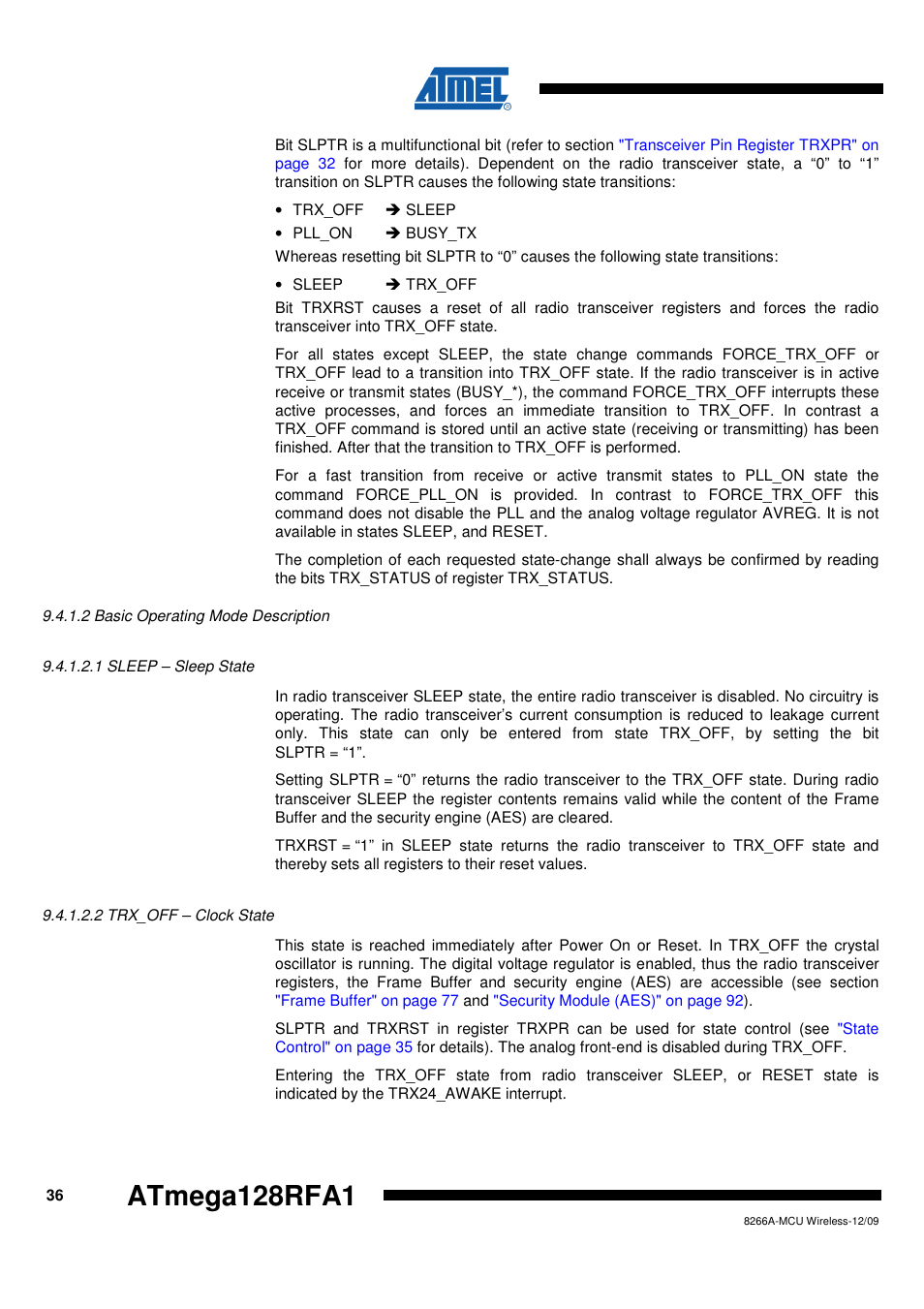 2 basic operating mode description, 1 sleep - sleep state, 2 trx_off - clock state | Rainbow Electronics ATmega128RFA1 User Manual | Page 36 / 524