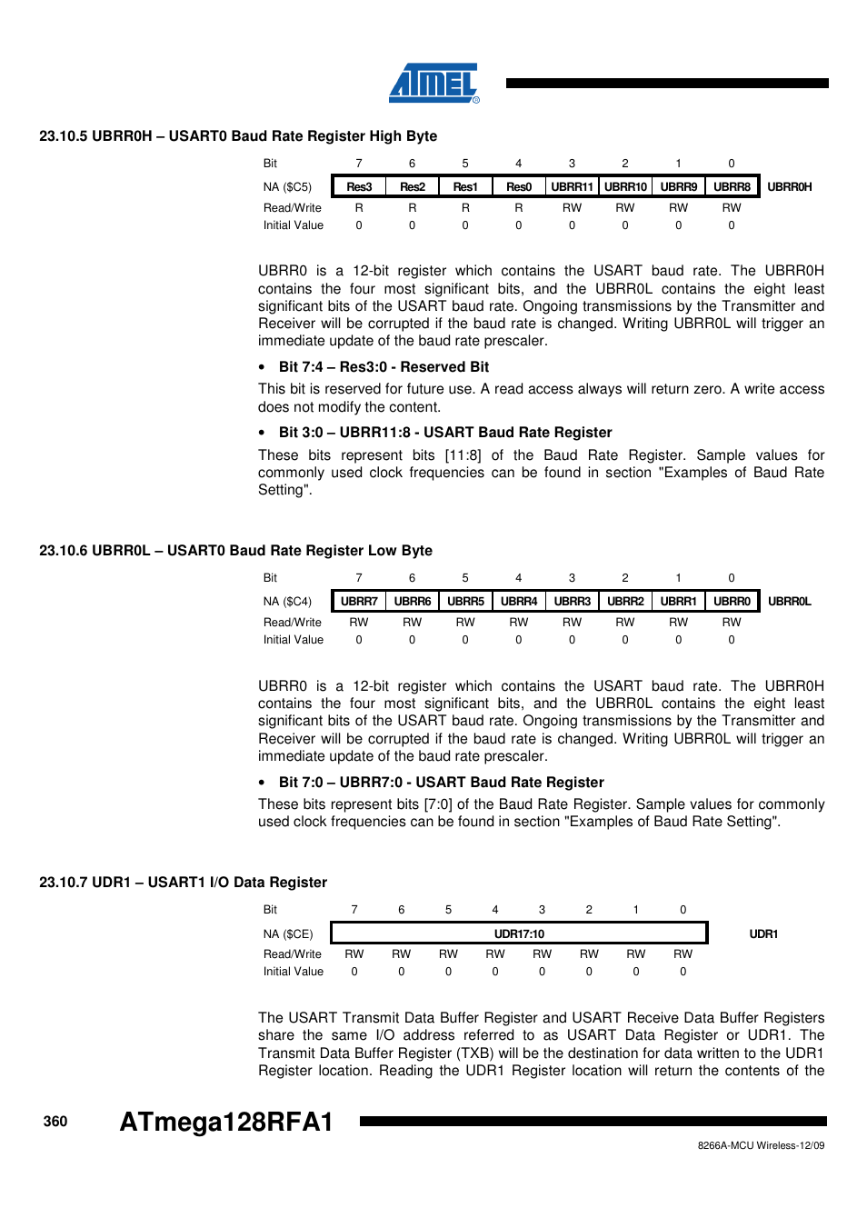 5 ubrr0h - usart0 baud rate register high byte, 6 ubrr0l - usart0 baud rate register low byte, 7 udr1 - usart1 i/o data register | Atmega128rfa1 | Rainbow Electronics ATmega128RFA1 User Manual | Page 360 / 524