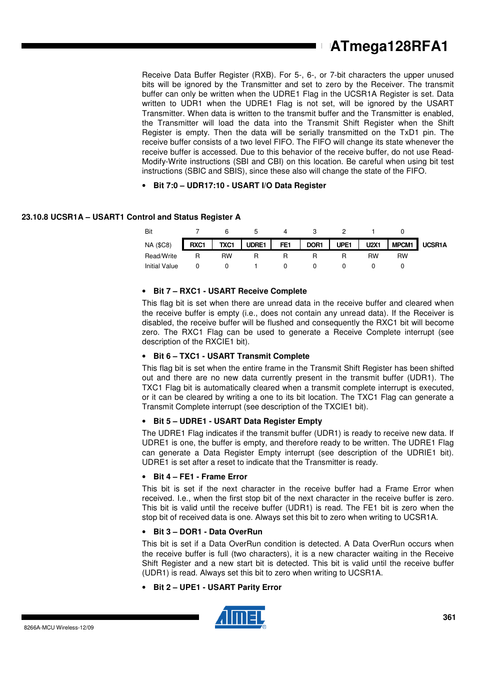 8 ucsr1a - usart1 control and status register a, Atmega128rfa1 | Rainbow Electronics ATmega128RFA1 User Manual | Page 361 / 524