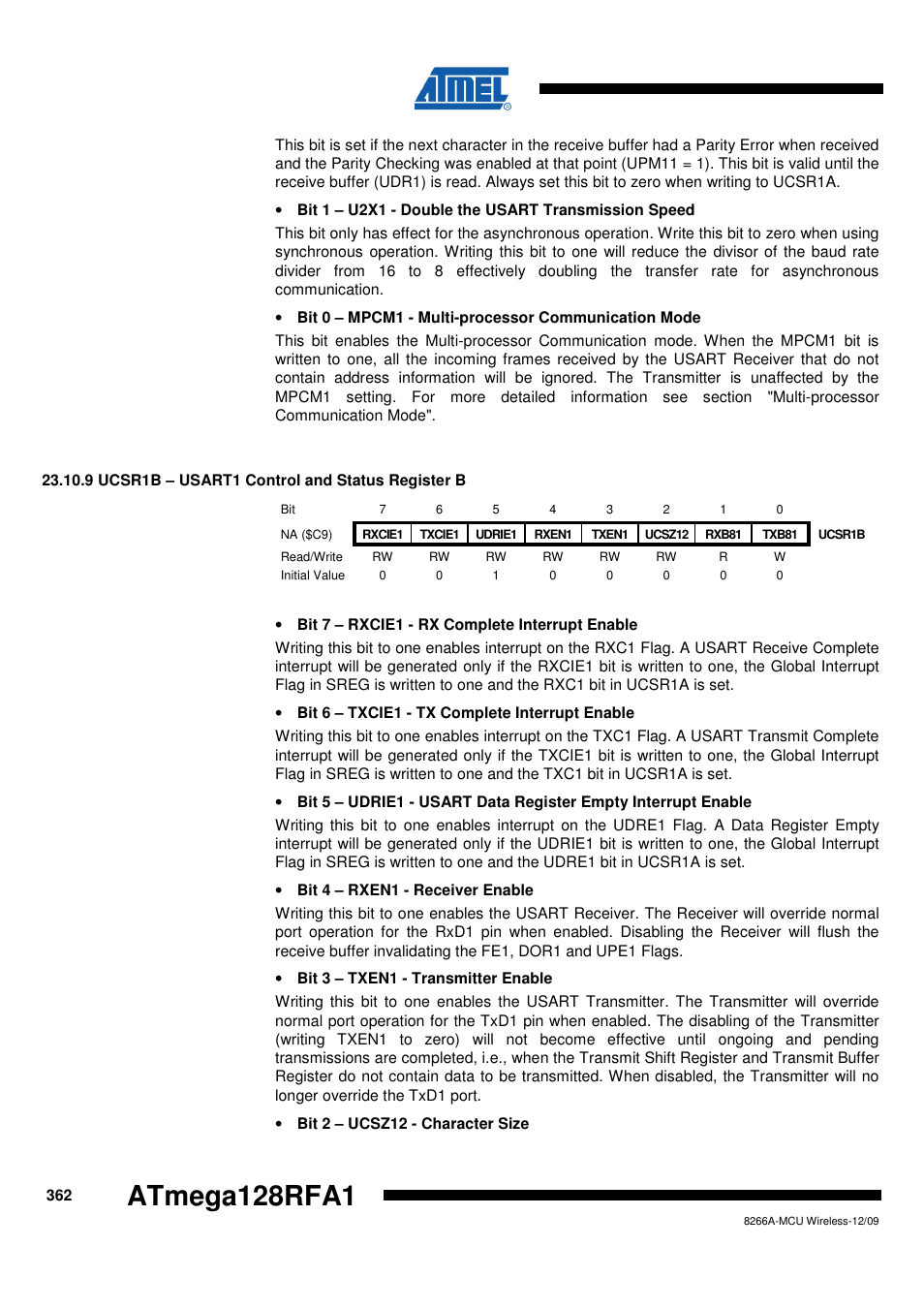 9 ucsr1b - usart1 control and status register b, Atmega128rfa1 | Rainbow Electronics ATmega128RFA1 User Manual | Page 362 / 524