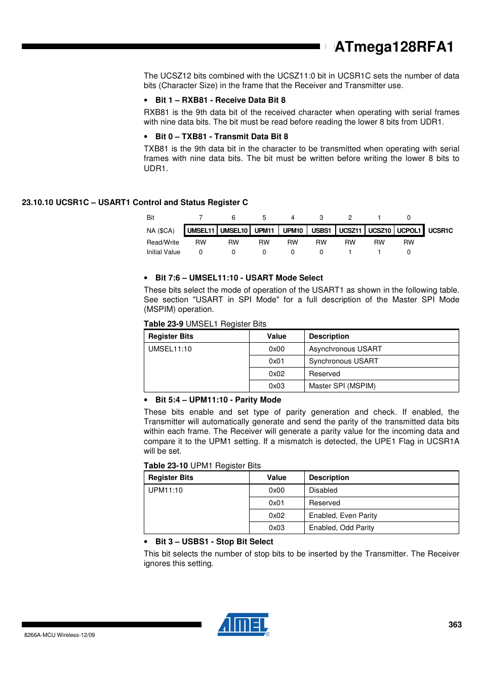 10 ucsr1c - usart1 control and status register c, Atmega128rfa1 | Rainbow Electronics ATmega128RFA1 User Manual | Page 363 / 524