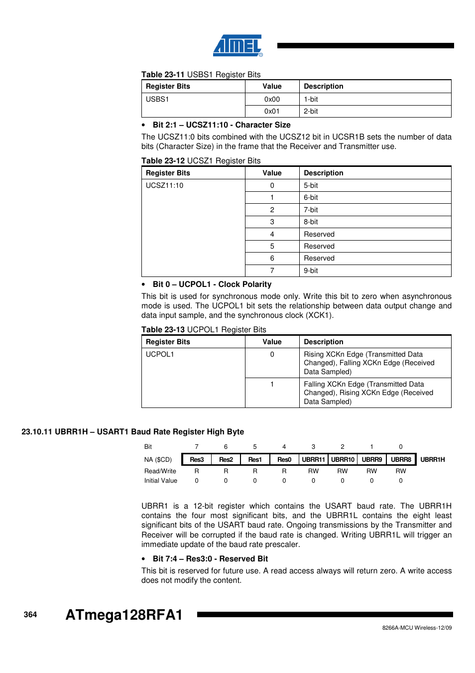 11 ubrr1h - usart1 baud rate register high byte, Atmega128rfa1 | Rainbow Electronics ATmega128RFA1 User Manual | Page 364 / 524
