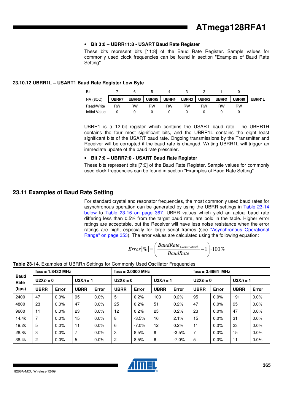 12 ubrr1l - usart1 baud rate register low byte, 11 examples of baud rate setting, Atmega128rfa1 | Rainbow Electronics ATmega128RFA1 User Manual | Page 365 / 524