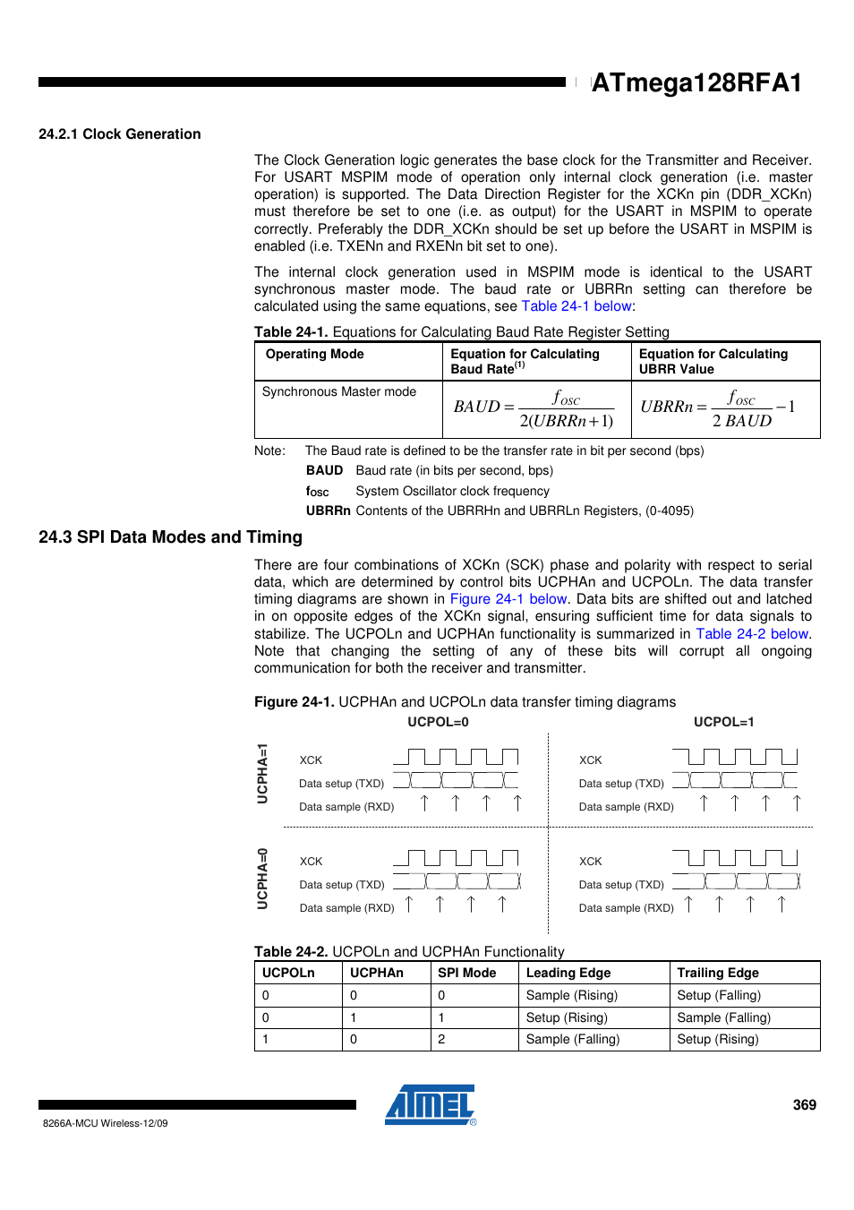 1 clock generation, 3 spi data modes and timing, Atmega128rfa1 | Rainbow Electronics ATmega128RFA1 User Manual | Page 369 / 524