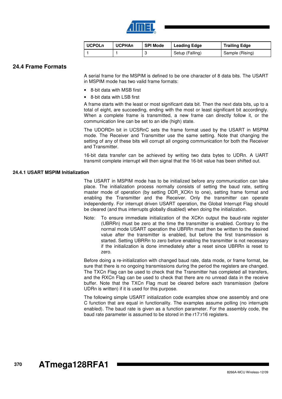 4 frame formats, 1 usart mspim initialization | Rainbow Electronics ATmega128RFA1 User Manual | Page 370 / 524