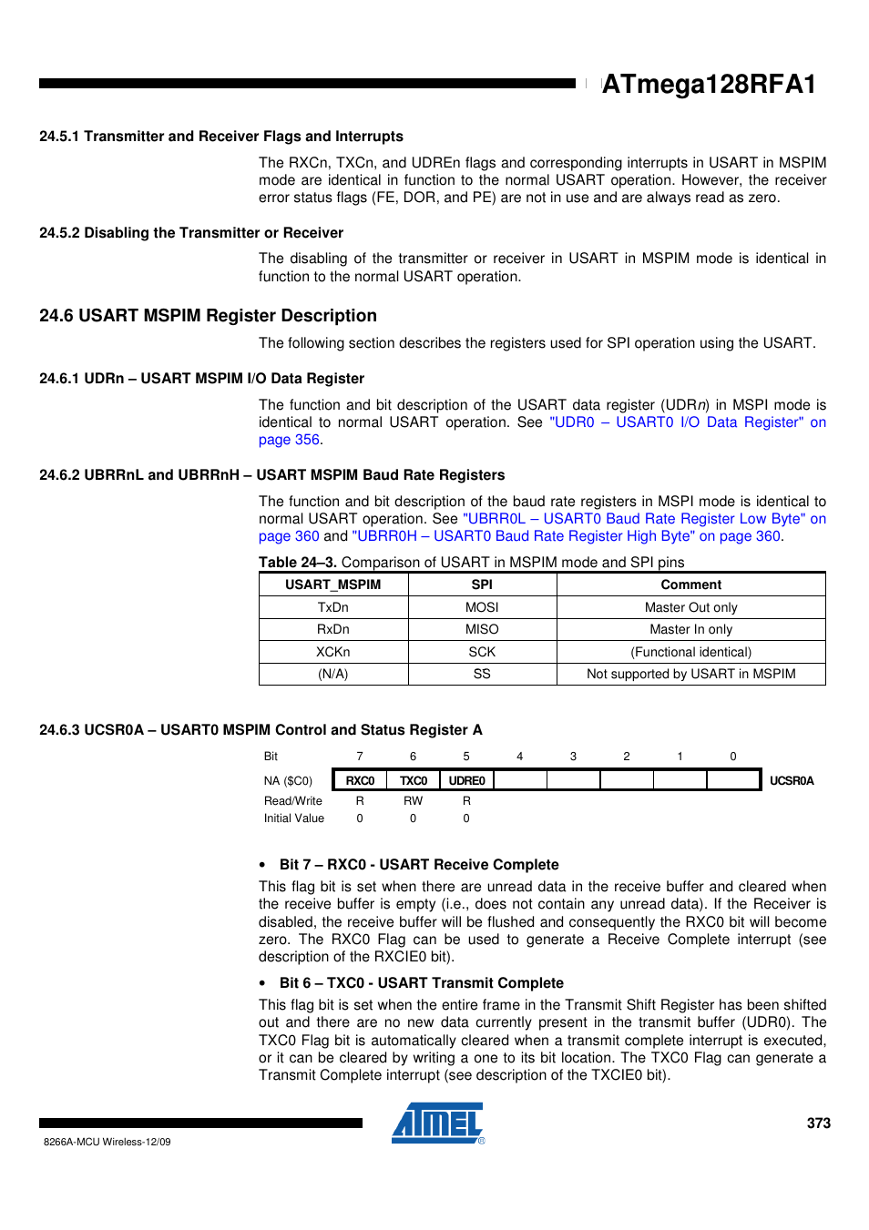 1 transmitter and receiver flags and interrupts, 2 disabling the transmitter or receiver, 6 usart mspim register description | 1 udrn - usart mspim i/o data register, Atmega128rfa1 | Rainbow Electronics ATmega128RFA1 User Manual | Page 373 / 524