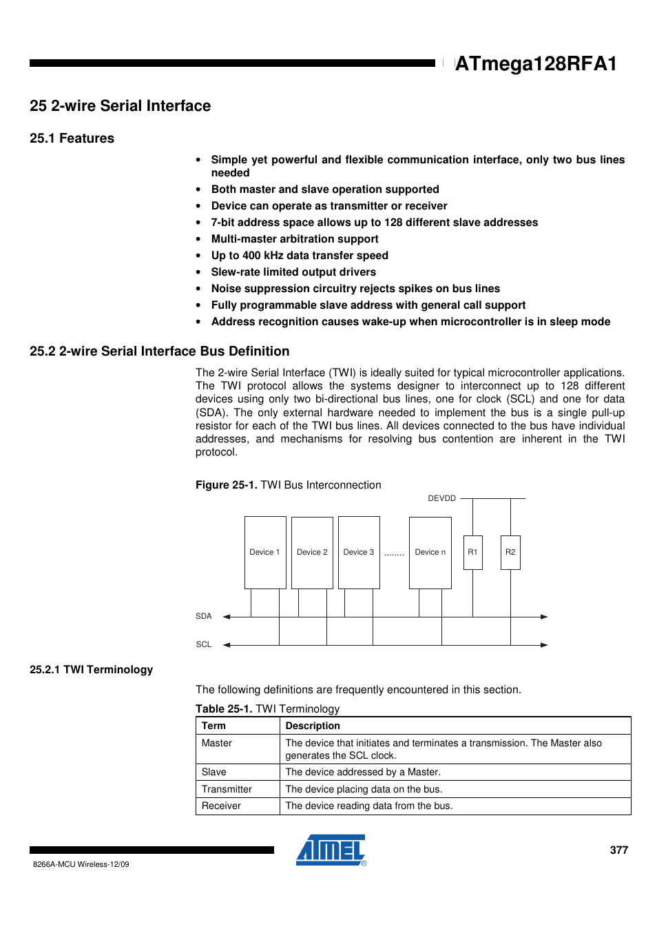25 2-wire serial interface, 1 features, 2 2-wire serial interface bus definition | 1 twi terminology, Atmega128rfa1 | Rainbow Electronics ATmega128RFA1 User Manual | Page 377 / 524