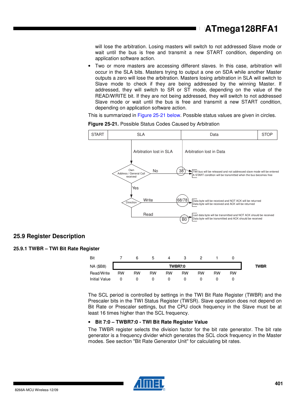 9 register description, 1 twbr - twi bit rate register, Atmega128rfa1 | Rainbow Electronics ATmega128RFA1 User Manual | Page 401 / 524