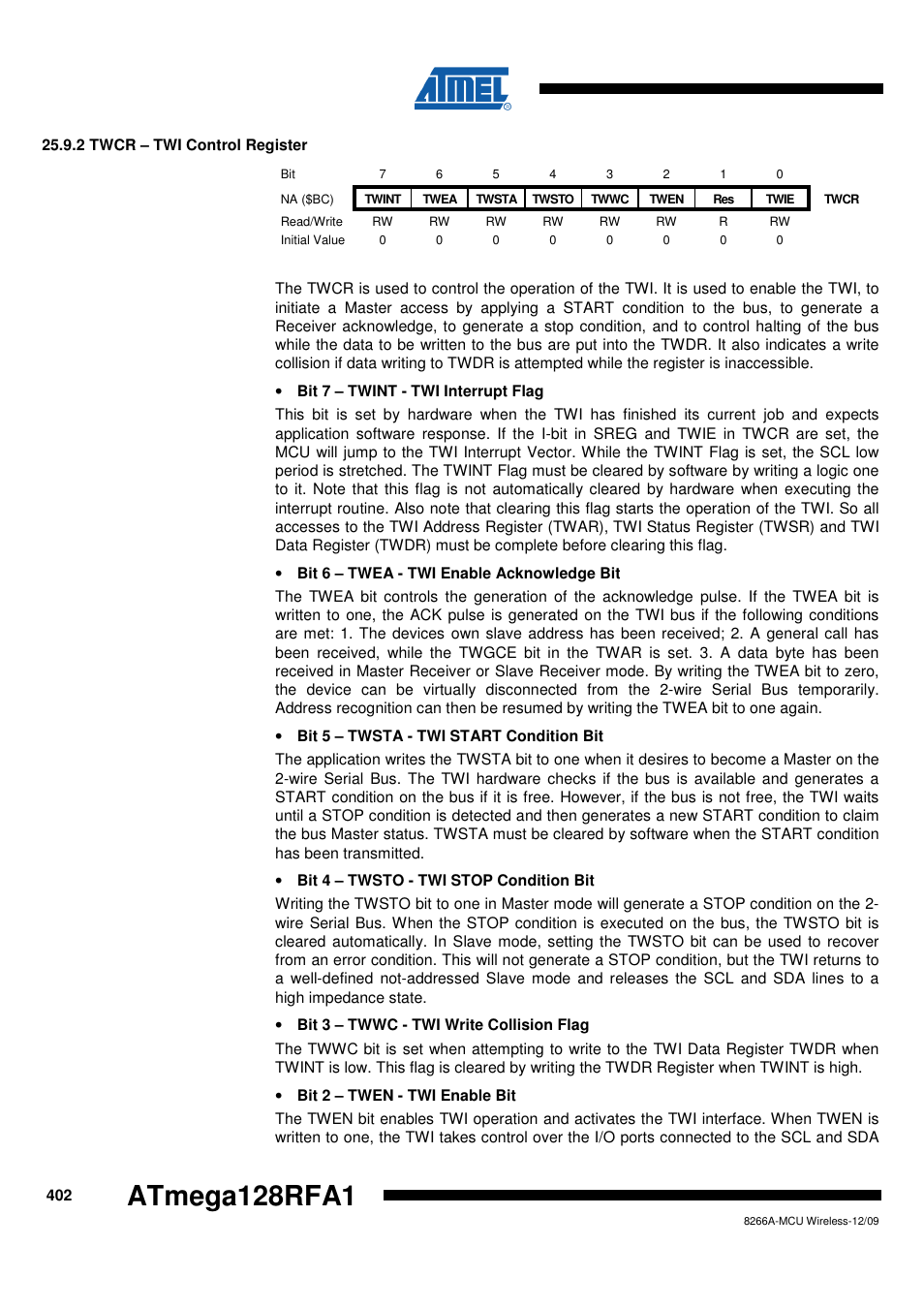 2 twcr - twi control register, Atmega128rfa1 | Rainbow Electronics ATmega128RFA1 User Manual | Page 402 / 524