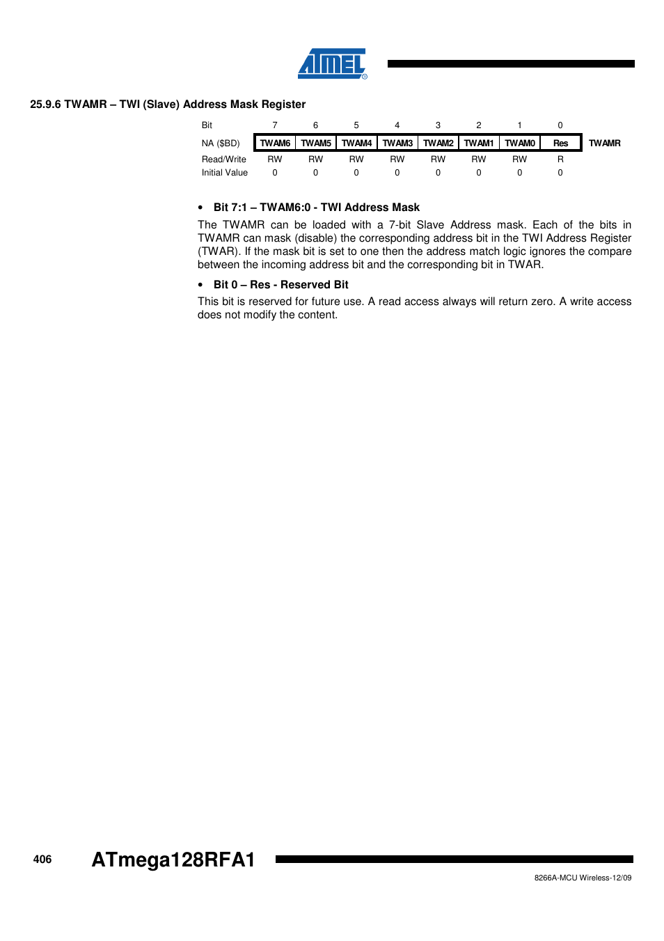 6 twamr - twi (slave) address mask register, Atmega128rfa1 | Rainbow Electronics ATmega128RFA1 User Manual | Page 406 / 524