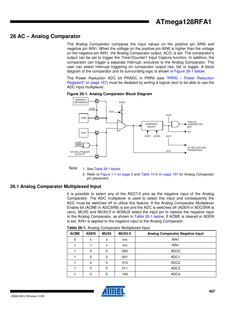 26 ac - analog comparator, 1 analog comparator multiplexed input, Ac – analog | Atmega128rfa1 | Rainbow Electronics ATmega128RFA1 User Manual | Page 407 / 524