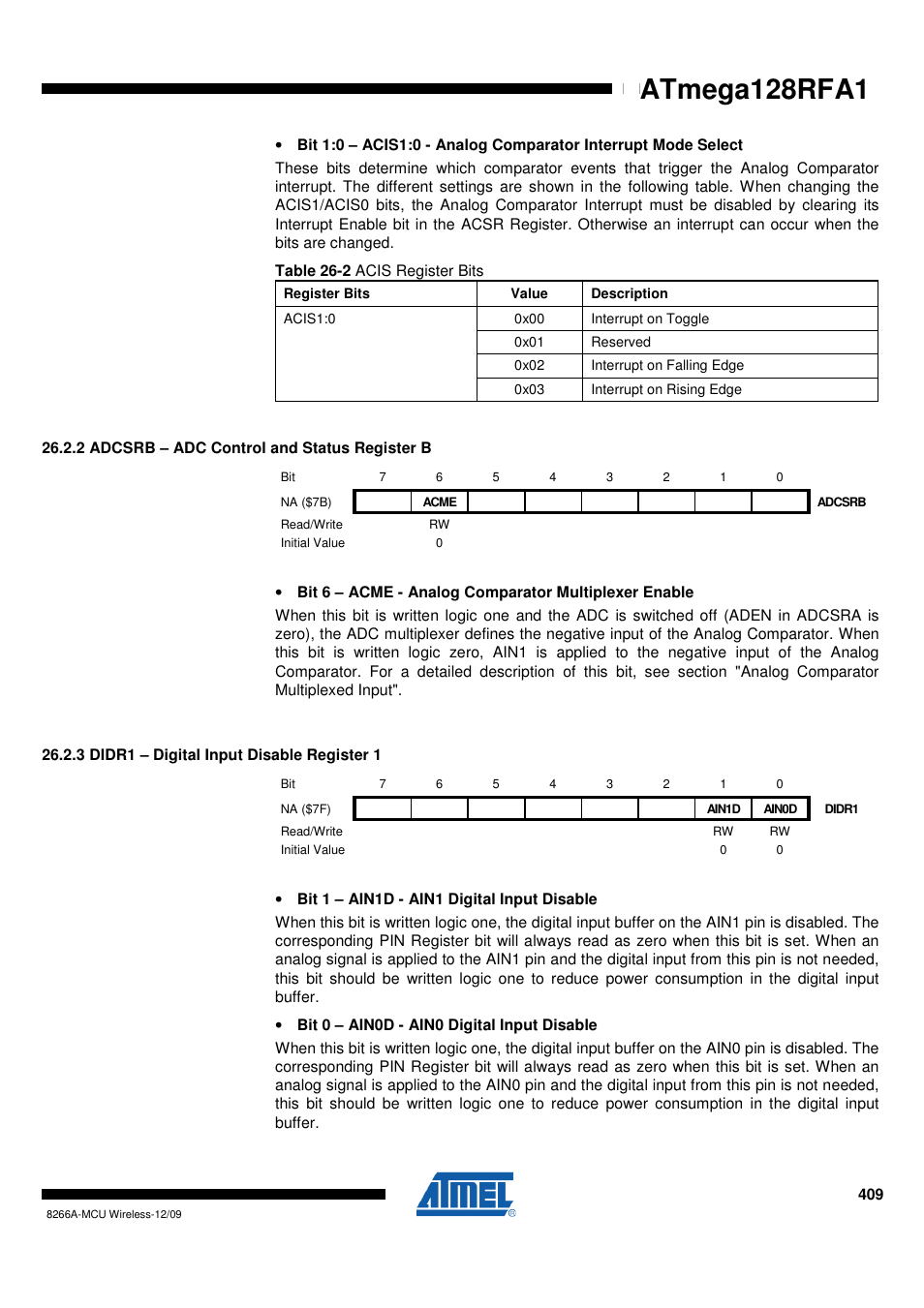 2 adcsrb - adc control and status register b, 3 didr1 - digital input disable register 1, Didr1 – digital input disable register 1" on | Atmega128rfa1 | Rainbow Electronics ATmega128RFA1 User Manual | Page 409 / 524