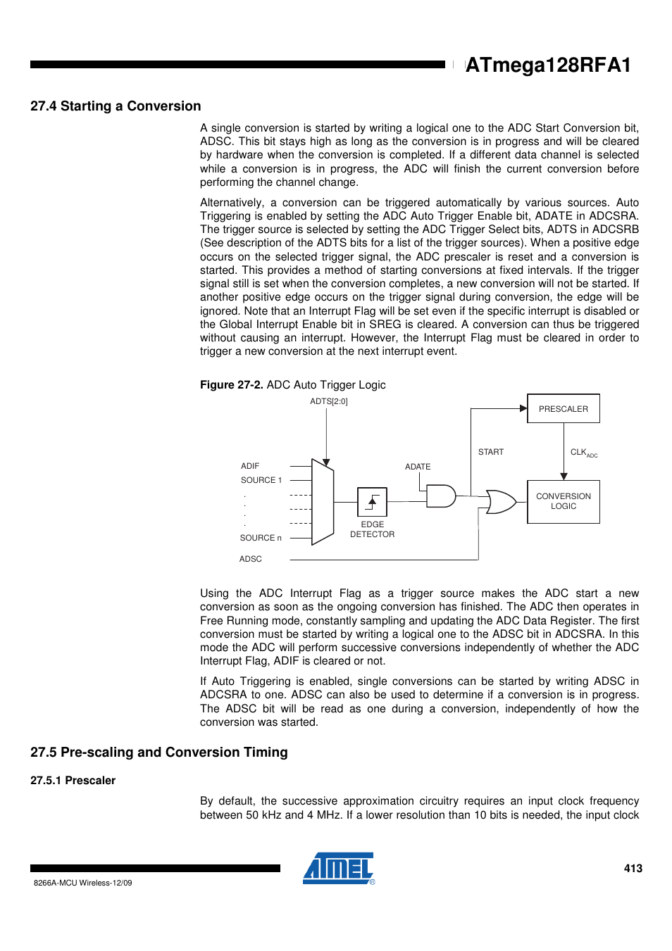 4 starting a conversion, 5 pre-scaling and conversion timing, 1 prescaler | Pre-scaling and conversion timing" on | Rainbow Electronics ATmega128RFA1 User Manual | Page 413 / 524