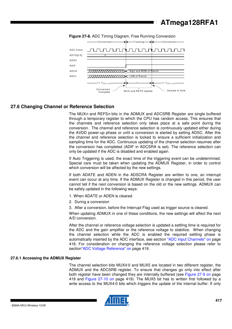 6 changing channel or reference selection, 1 accessing the admux register, Figure 27-8 on | Atmega128rfa1 | Rainbow Electronics ATmega128RFA1 User Manual | Page 417 / 524