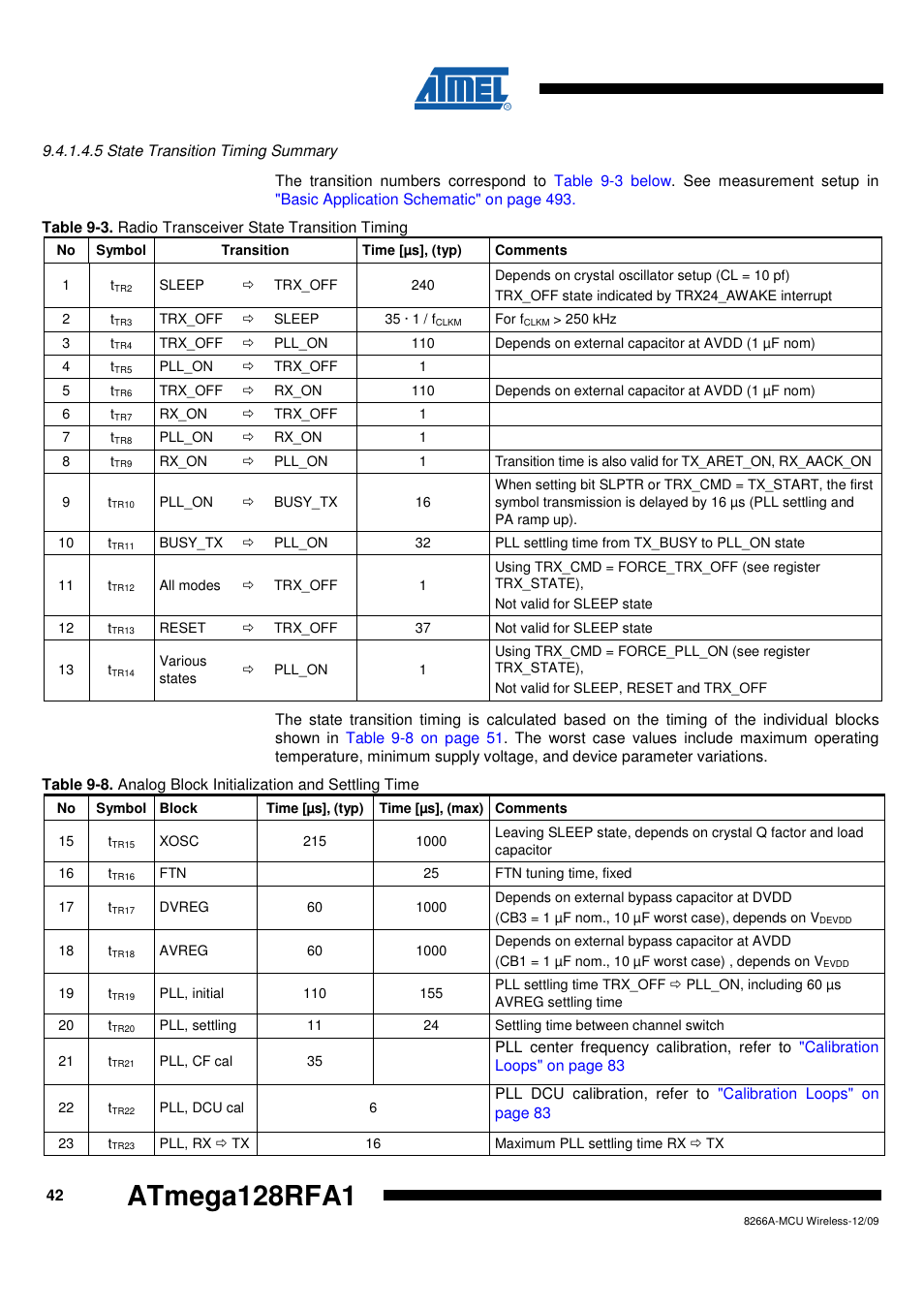 5 state transition timing summary, Table 9-3 on, Atmega128rfa1 | Rainbow Electronics ATmega128RFA1 User Manual | Page 42 / 524