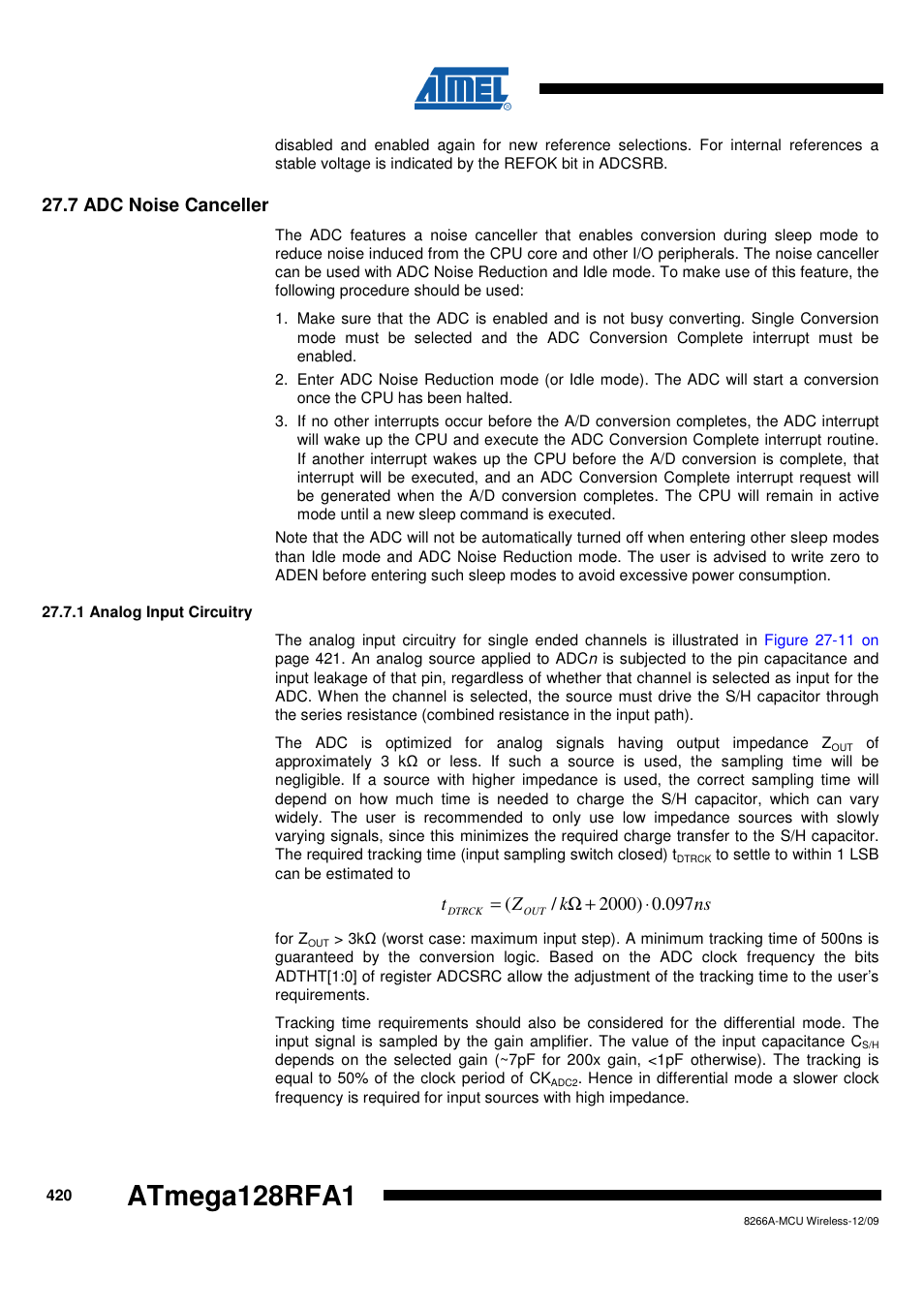 7 adc noise canceller, 1 analog input circuitry, Atmega128rfa1 | Rainbow Electronics ATmega128RFA1 User Manual | Page 420 / 524