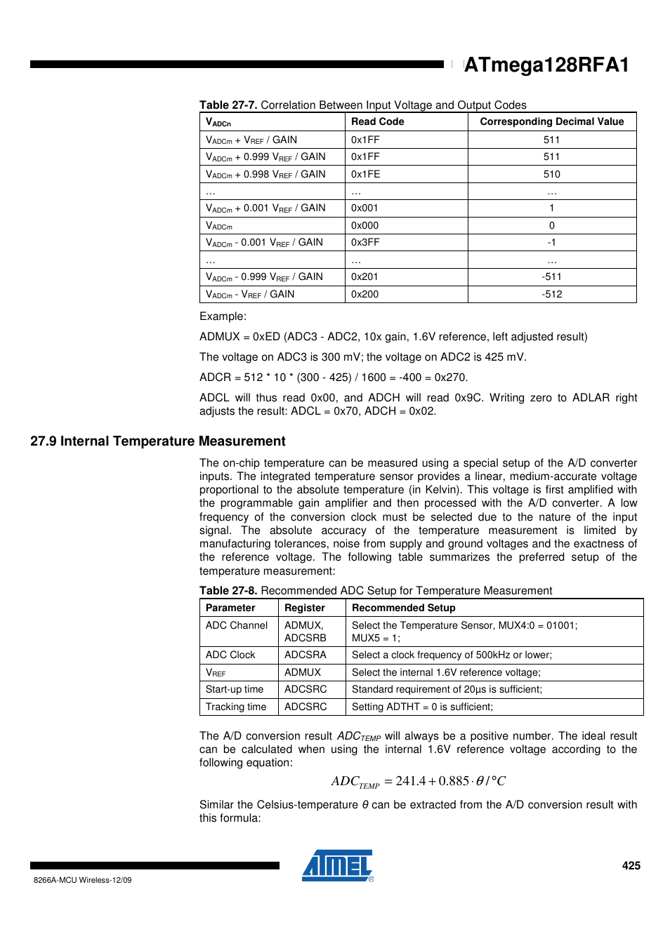 9 internal temperature measurement, Table 27-7 on, Atmega128rfa1 | Rainbow Electronics ATmega128RFA1 User Manual | Page 425 / 524