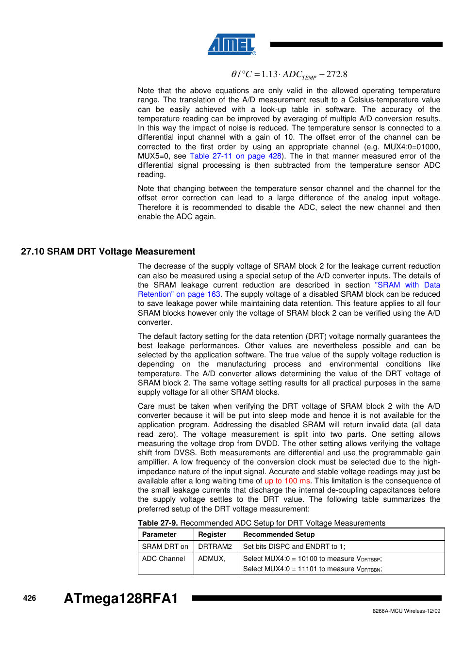 10 sram drt voltage measurement, Atmega128rfa1 | Rainbow Electronics ATmega128RFA1 User Manual | Page 426 / 524