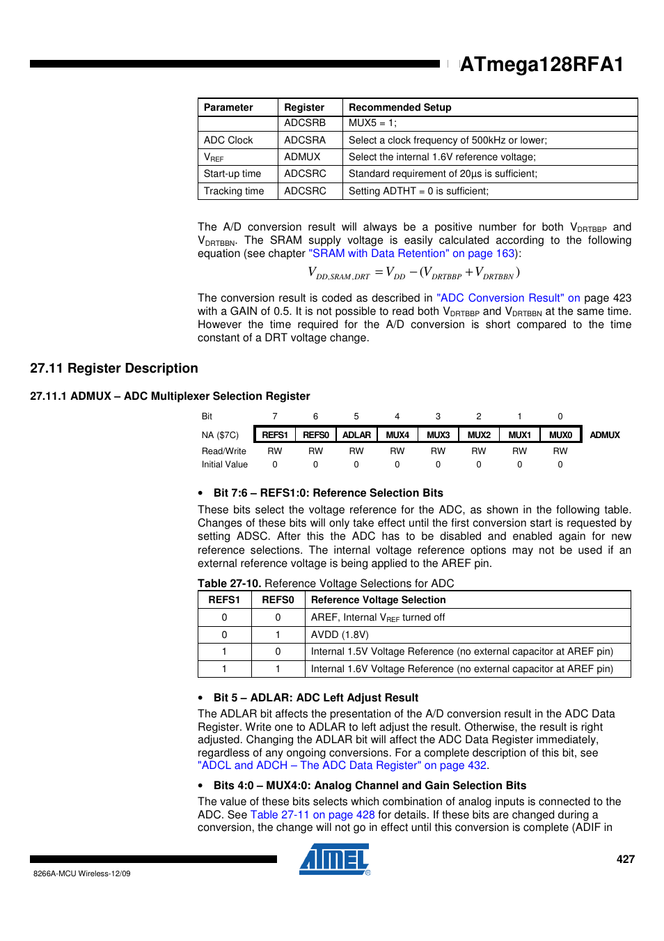 11 register description, 1 admux - adc multiplexer selection register, Atmega128rfa1 | Rainbow Electronics ATmega128RFA1 User Manual | Page 427 / 524