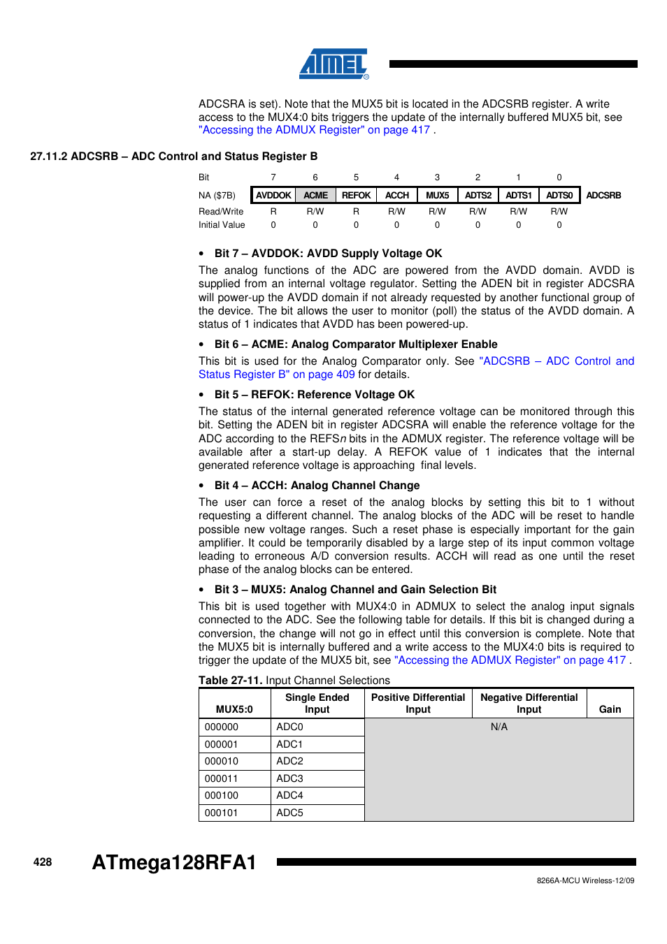 2 adcsrb - adc control and status register b, Atmega128rfa1 | Rainbow Electronics ATmega128RFA1 User Manual | Page 428 / 524