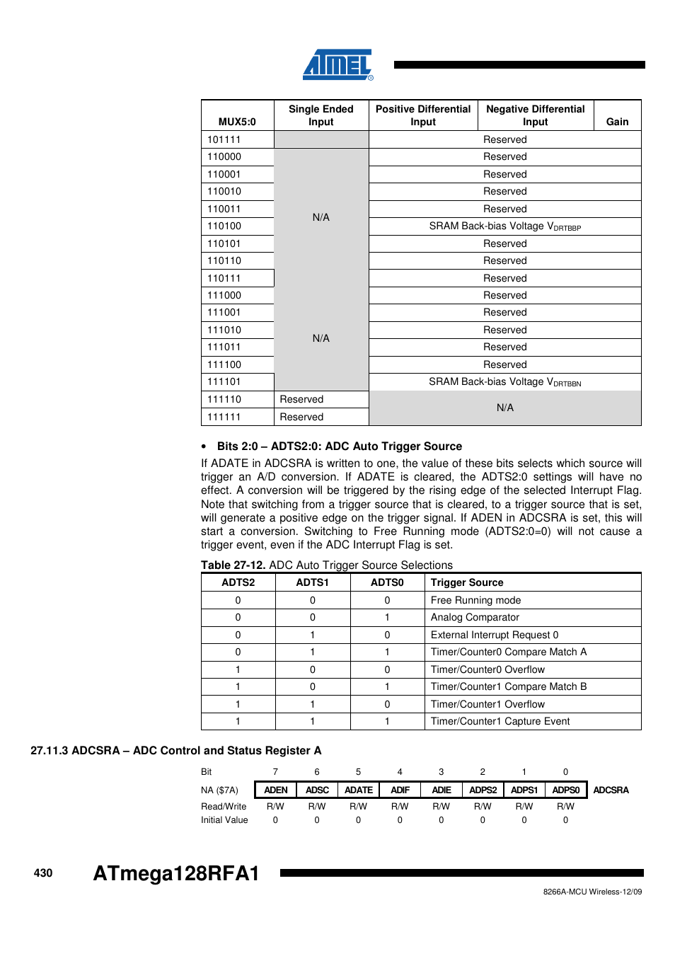 3 adcsra - adc control and status register a, Atmega128rfa1 | Rainbow Electronics ATmega128RFA1 User Manual | Page 430 / 524