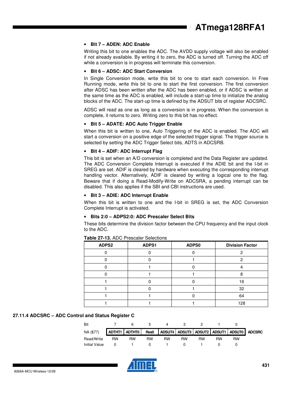 4 adcsrc - adc control and status register c, Atmega128rfa1 | Rainbow Electronics ATmega128RFA1 User Manual | Page 431 / 524