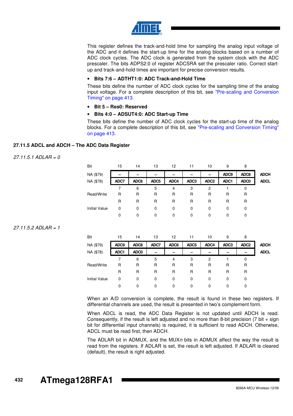 5 adcl and adch - the adc data register, 1 adlar = 0, 2 adlar = 1 | Atmega128rfa1 | Rainbow Electronics ATmega128RFA1 User Manual | Page 432 / 524