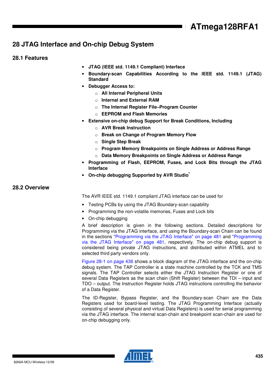 28 jtag interface and on-chip debug system, 1 features, 2 overview | Atmega128rfa1 | Rainbow Electronics ATmega128RFA1 User Manual | Page 435 / 524