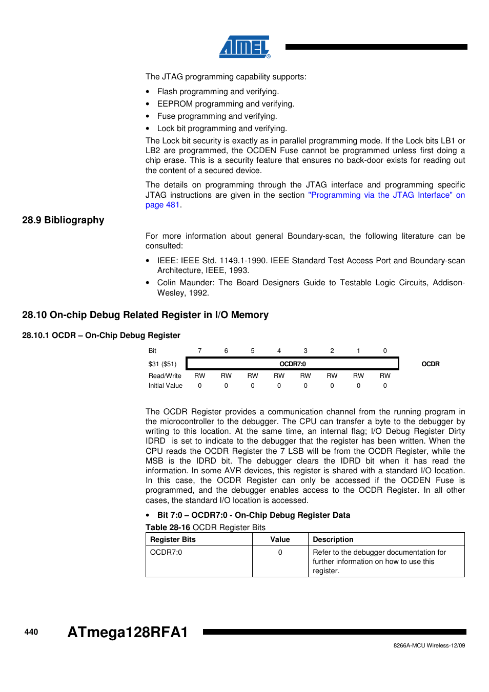 9 bibliography, 10 on-chip debug related register in i/o memory, 1 ocdr - on-chip debug register | Bibliography" on, Atmega128rfa1 | Rainbow Electronics ATmega128RFA1 User Manual | Page 440 / 524