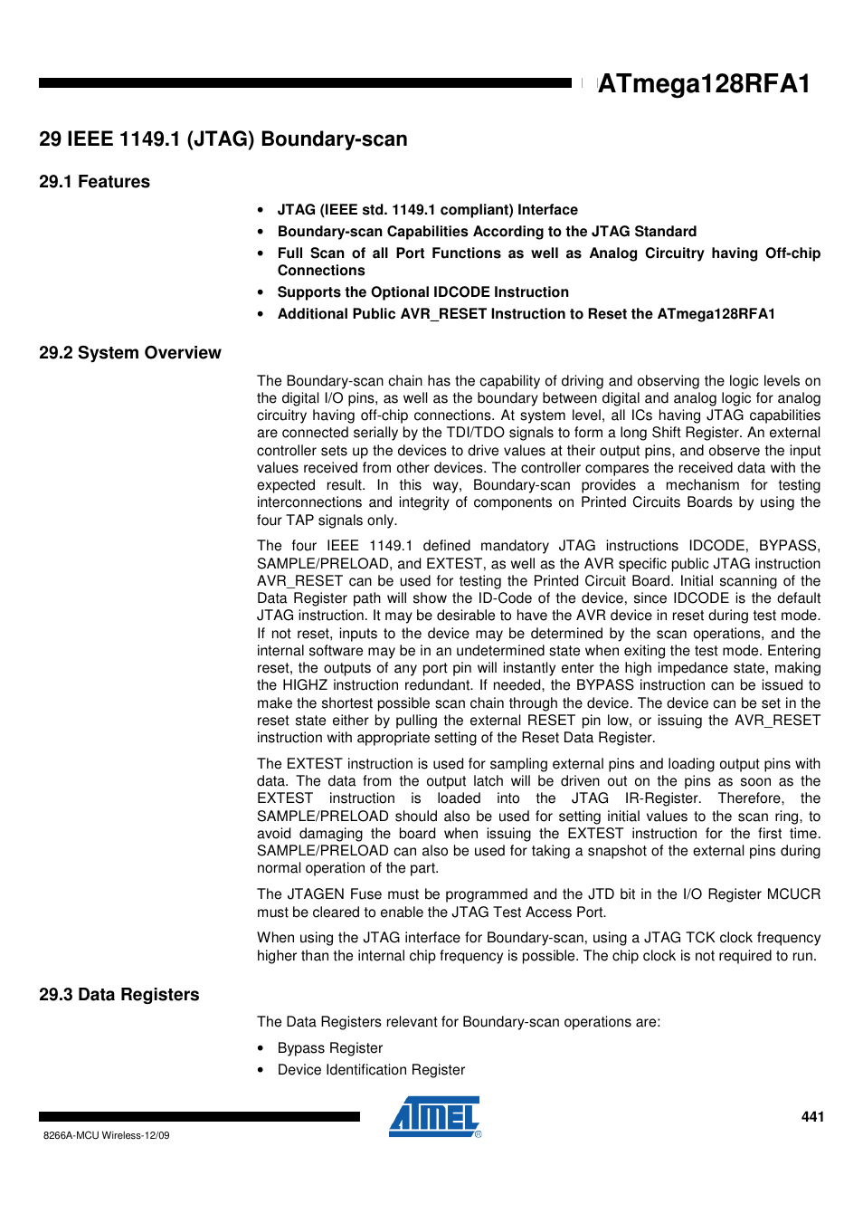 29 ieee 1149.1 (jtag) boundary-scan, 1 features, 2 system overview | 3 data registers, Ieee | Rainbow Electronics ATmega128RFA1 User Manual | Page 441 / 524