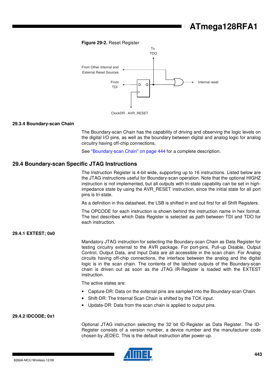 4 boundary-scan chain, 4 boundary-scan specific jtag instructions, 1 extest; 0x0 | 2 idcode; 0x1 | Rainbow Electronics ATmega128RFA1 User Manual | Page 443 / 524