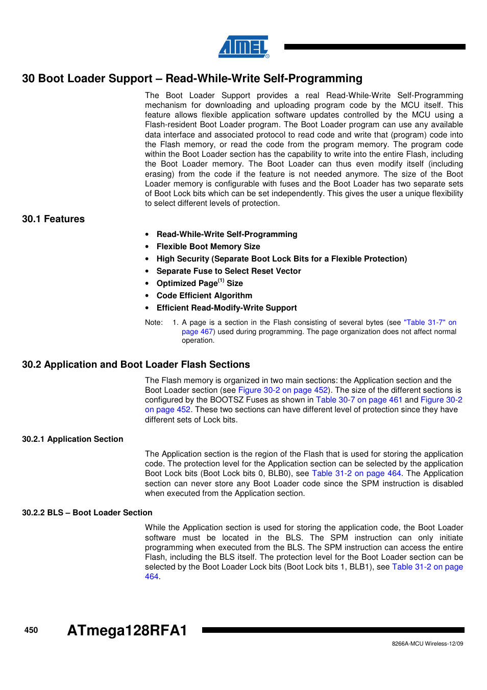 2 application and boot loader flash sections, 1 application section, 2 bls - boot loader section | Boot loader support, Atmega128rfa1 | Rainbow Electronics ATmega128RFA1 User Manual | Page 450 / 524