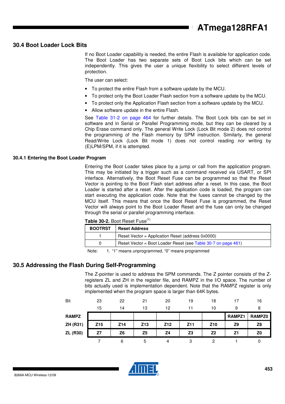 4 boot loader lock bits, 1 entering the boot loader program, 5 addressing the flash during self-programming | Atmega128rfa1 | Rainbow Electronics ATmega128RFA1 User Manual | Page 453 / 524