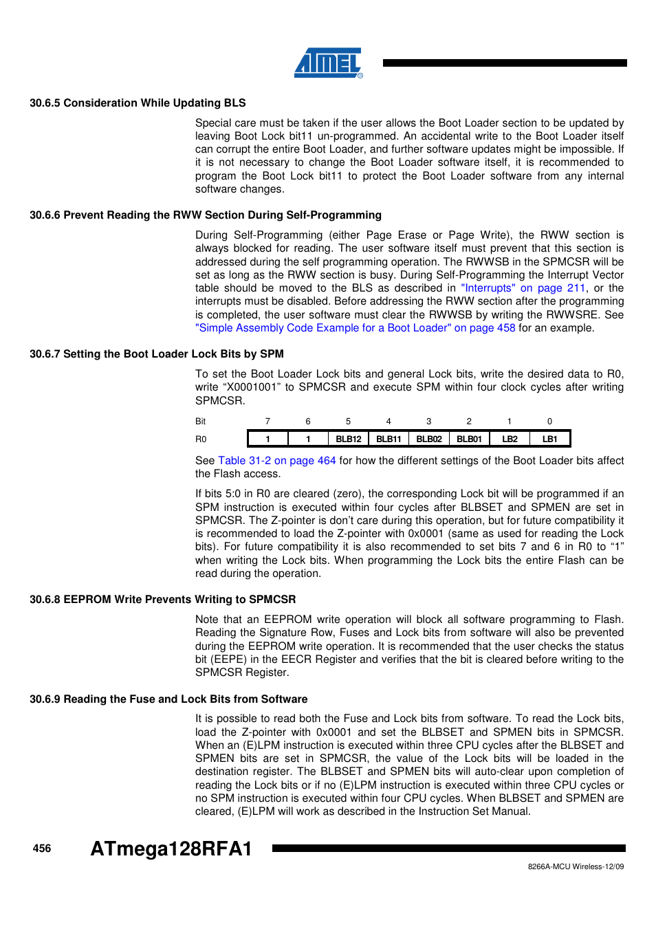 5 consideration while updating bls, 7 setting the boot loader lock bits by spm, 8 eeprom write prevents writing to spmcsr | 9 reading the fuse and lock bits from software, Atmega128rfa1 | Rainbow Electronics ATmega128RFA1 User Manual | Page 456 / 524