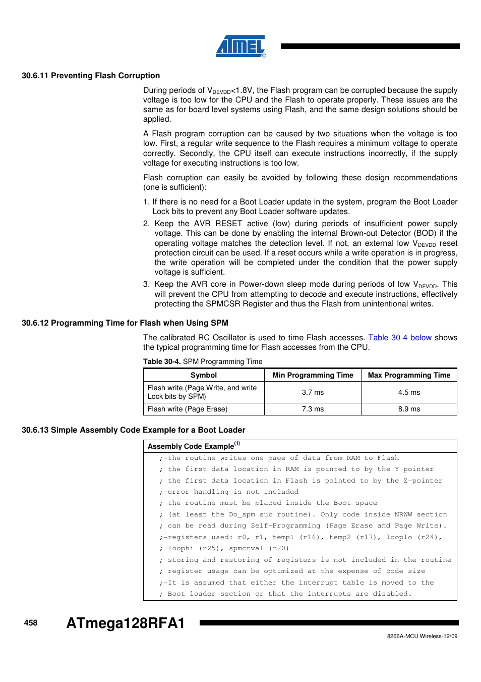 11 preventing flash corruption, 12 programming time for flash when using spm, 13 simple assembly code example for a boot loader | Simple assembly code example for a boot loader" on, Atmega128rfa1 | Rainbow Electronics ATmega128RFA1 User Manual | Page 458 / 524