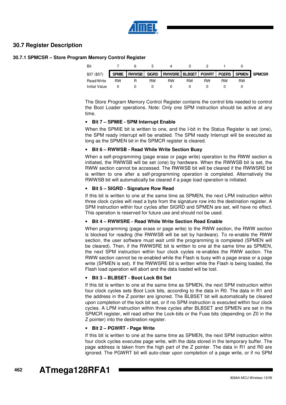 7 register description, 1 spmcsr - store program memory control register, Spmcsr – store program memory control | Atmega128rfa1 | Rainbow Electronics ATmega128RFA1 User Manual | Page 462 / 524