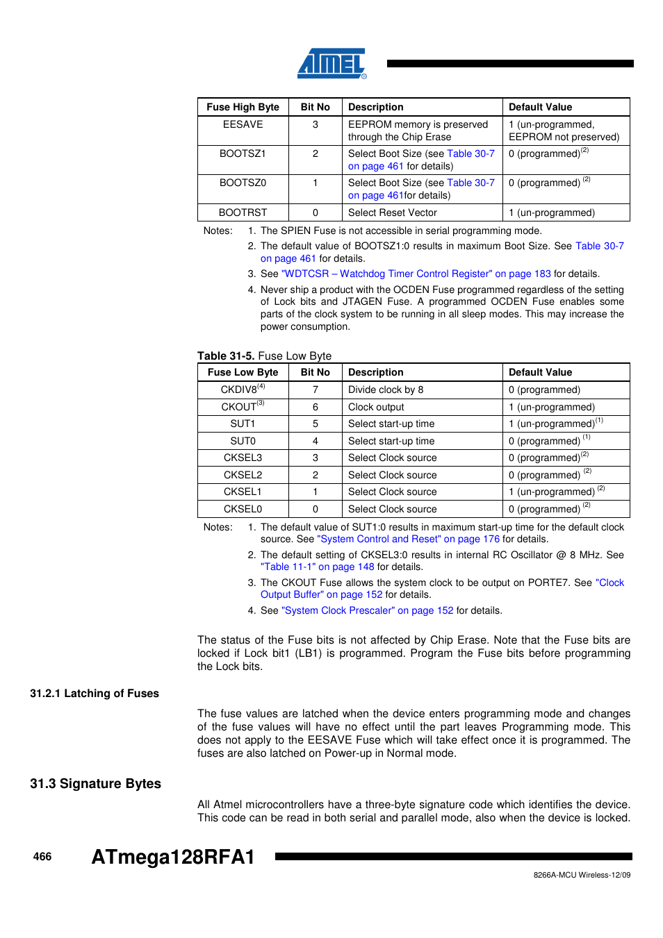 1 latching of fuses, 3 signature bytes, Table 31-5 on | Atmega128rfa1 | Rainbow Electronics ATmega128RFA1 User Manual | Page 466 / 524