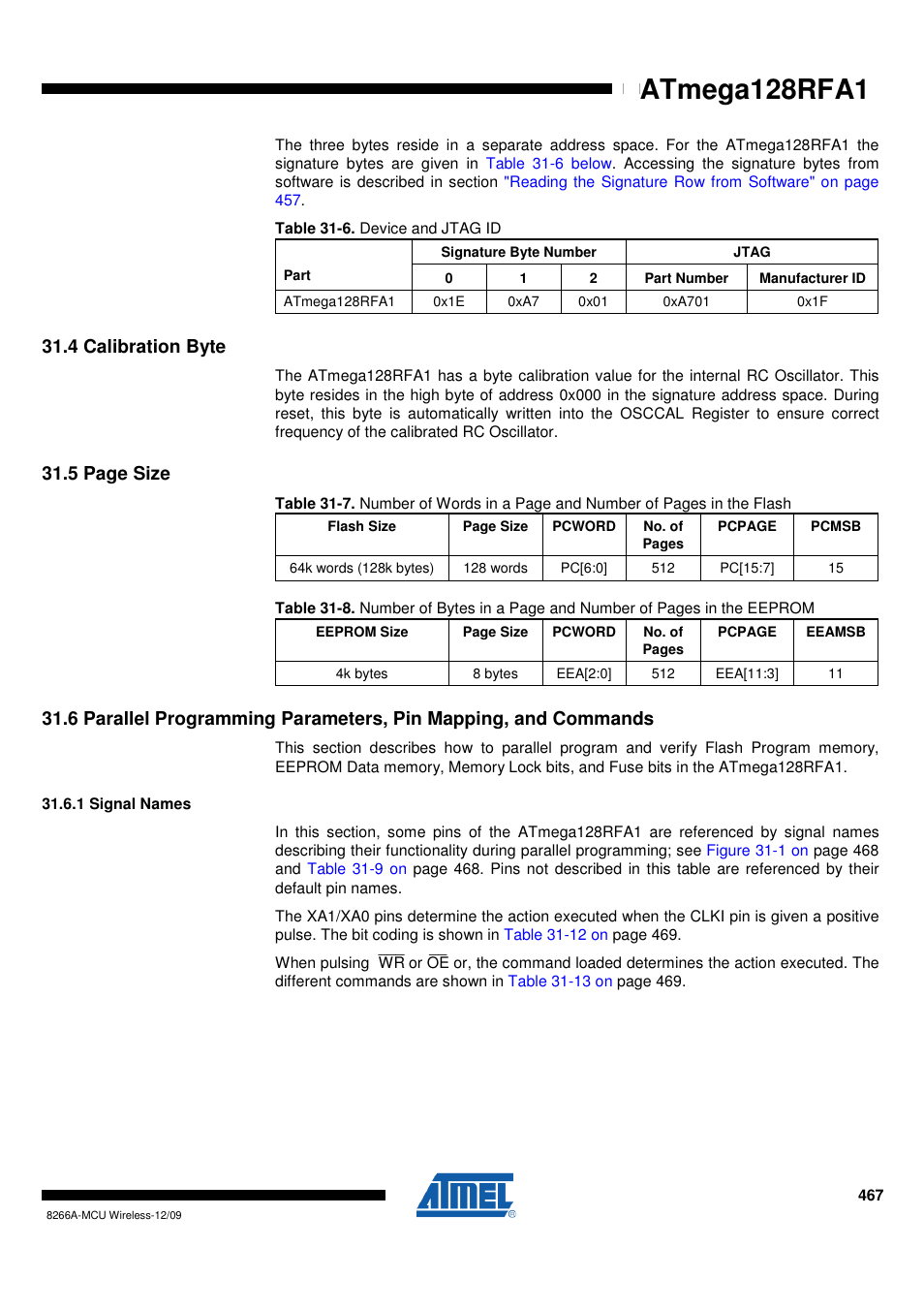 4 calibration byte, 1 signal names, Table 31-7" on | Atmega128rfa1 | Rainbow Electronics ATmega128RFA1 User Manual | Page 467 / 524
