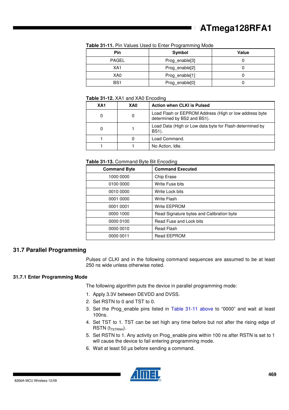 7 parallel programming, 1 enter programming mode, Table 31-12 on | Table 31-13 on, Atmega128rfa1 | Rainbow Electronics ATmega128RFA1 User Manual | Page 469 / 524