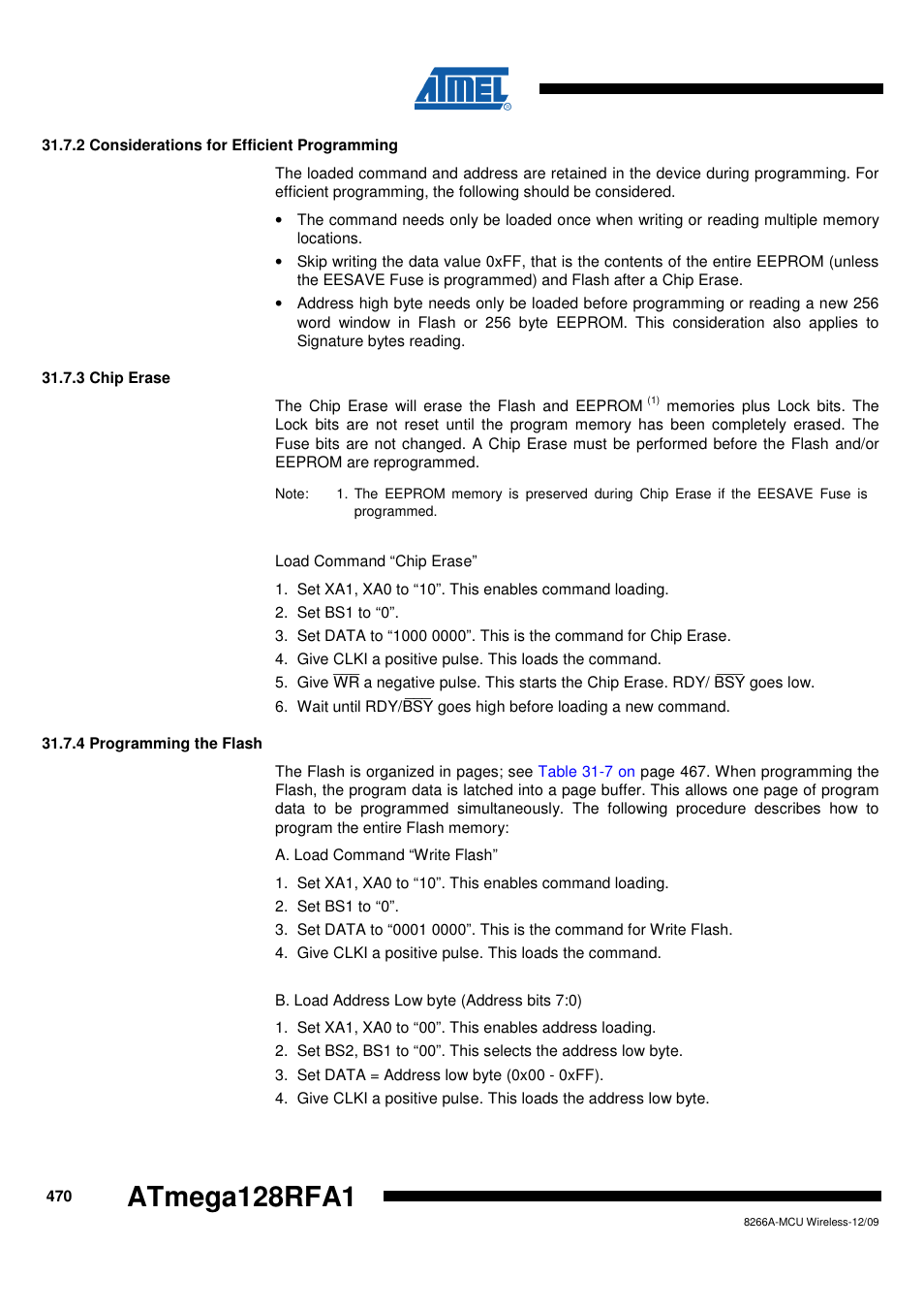 2 considerations for efficient programming, 3 chip erase, 4 programming the flash | Atmega128rfa1 | Rainbow Electronics ATmega128RFA1 User Manual | Page 470 / 524