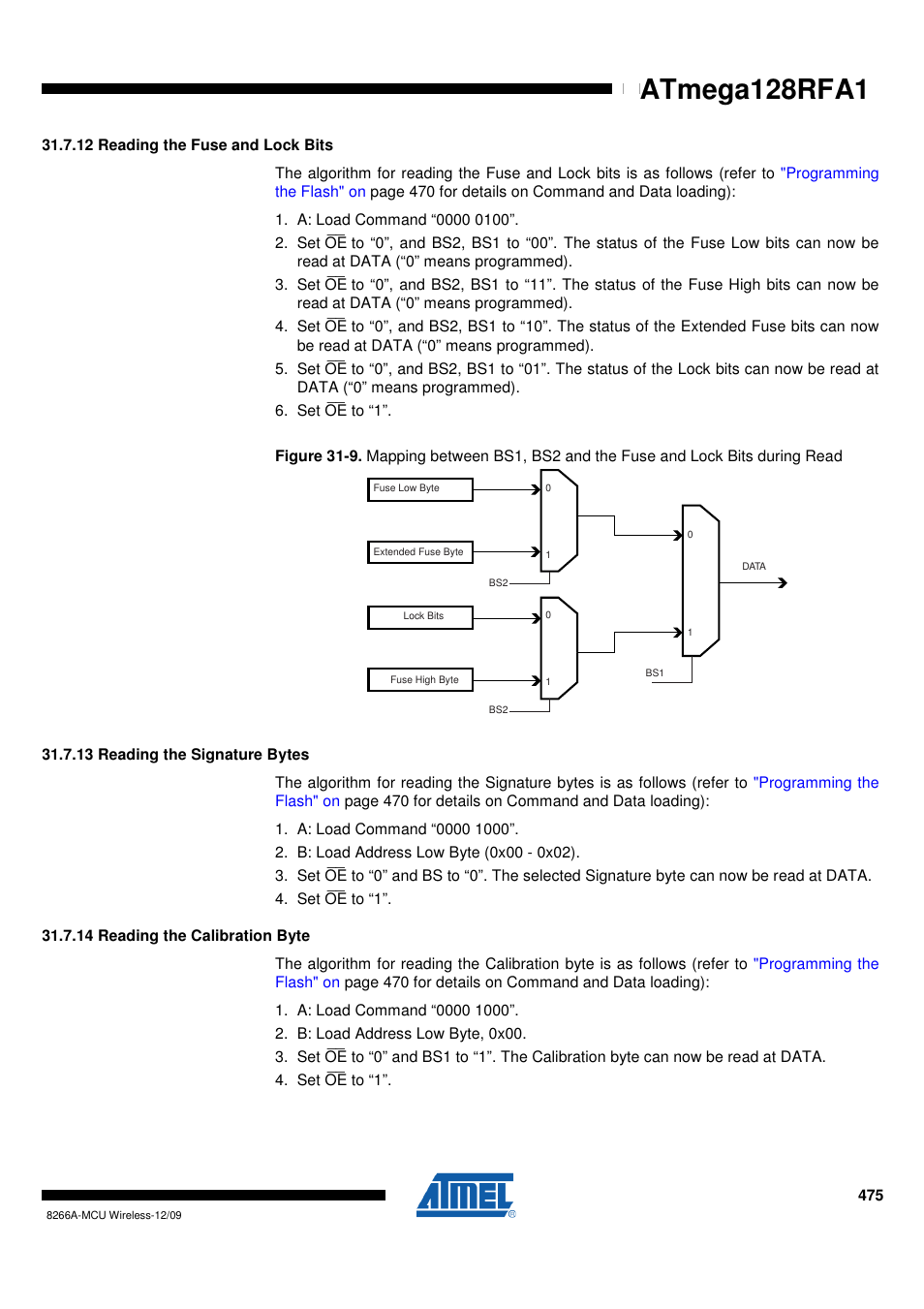 12 reading the fuse and lock bits, 13 reading the signature bytes, 14 reading the calibration byte | Atmega128rfa1 | Rainbow Electronics ATmega128RFA1 User Manual | Page 475 / 524
